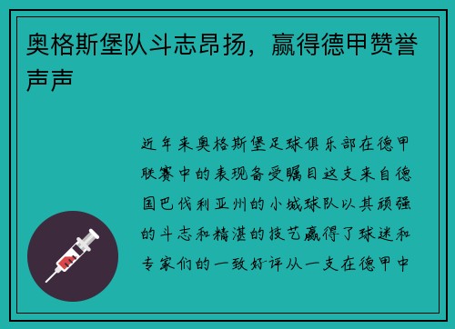 奥格斯堡队斗志昂扬，赢得德甲赞誉声声