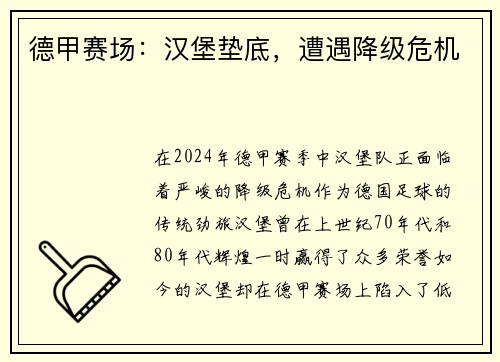 德甲赛场：汉堡垫底，遭遇降级危机